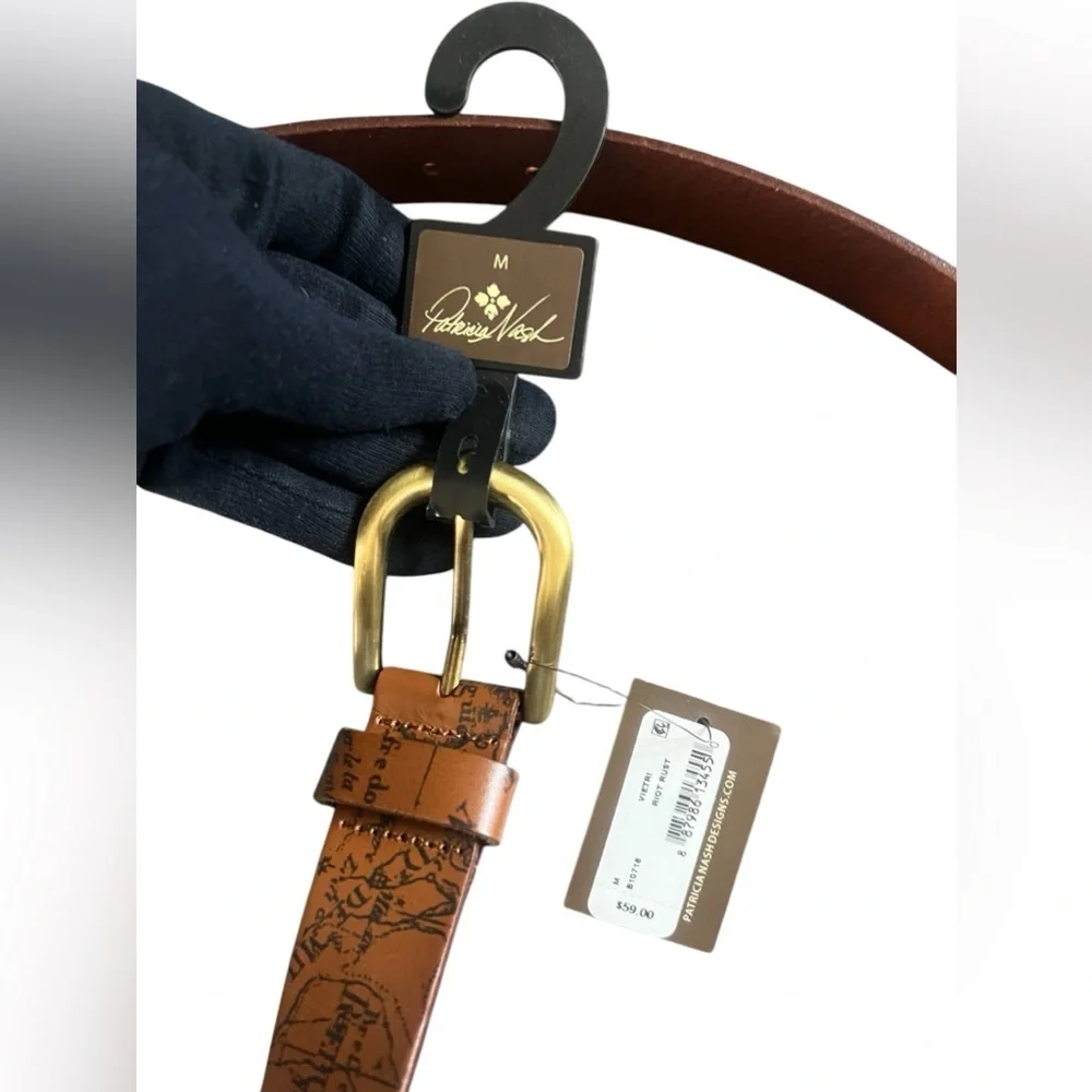 PATRICIA NASH Signature Map Vietri Leather Belt Riot Rust Brown - Picture 5 of 7